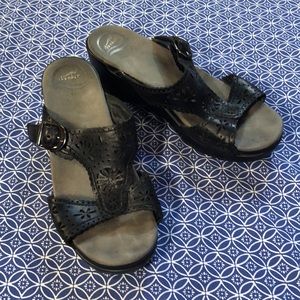 Dansko Clog Sandals - black leather with cutout flowers